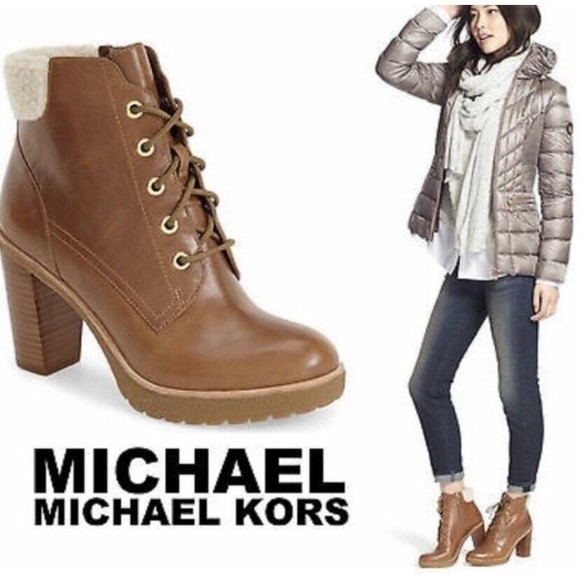 Michael Michael Kors Kim Lace Up Leather Bootie In Dark Caramel Size 7M - Picture 2 of 14